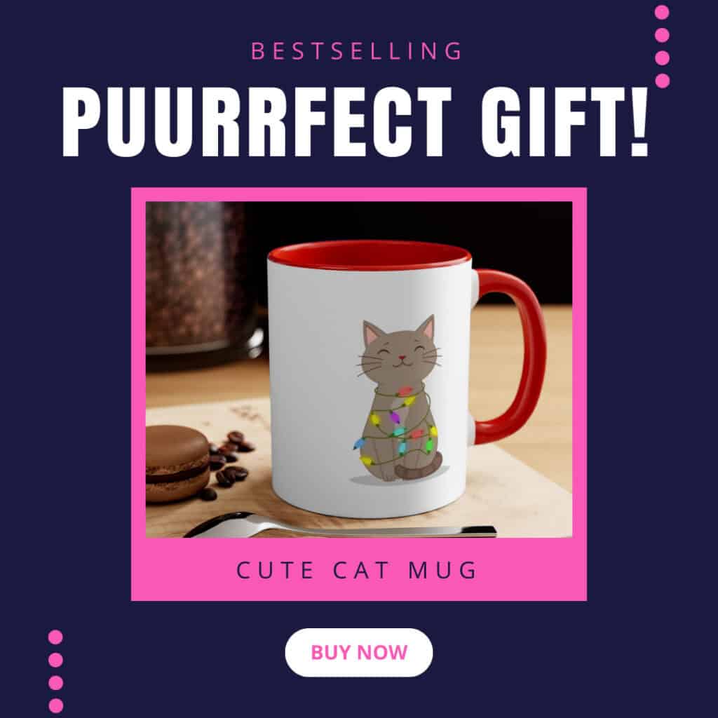 Ad for a cat-themed mug with a red handle, featuring a cat illustration wrapped in lights. Text reads, "Bestselling Puurfect Gift! Cute Cat Mug." A "Buy Now" button is at the bottom.