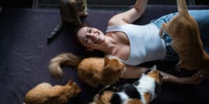 woman with lots of cats