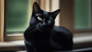 A black cat with green eyes sitting on a window sill.