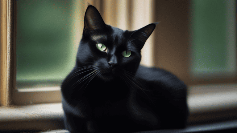 A black cat with green eyes sitting on a window sill.