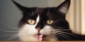 A black and white cat sticking its tongue out.