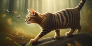A striped cat is walking through the woods.