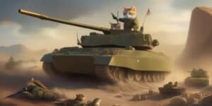 A tank with a cat on top of it.