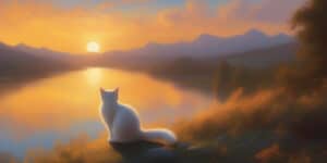 A white cat is sitting on a rock overlooking a lake.