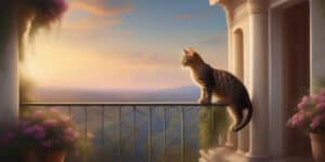 A cat is standing on a balcony overlooking a view.