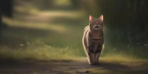 A tabby cat walking down a path in the woods.
