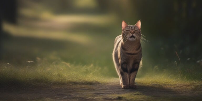 A tabby cat walking down a path in the woods.