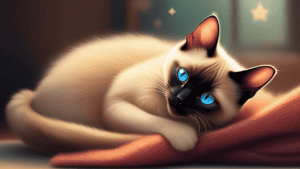 A siamese cat laying on a blanket with blue eyes.