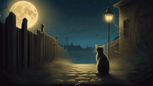 A cat looking at the moon in a dark street.