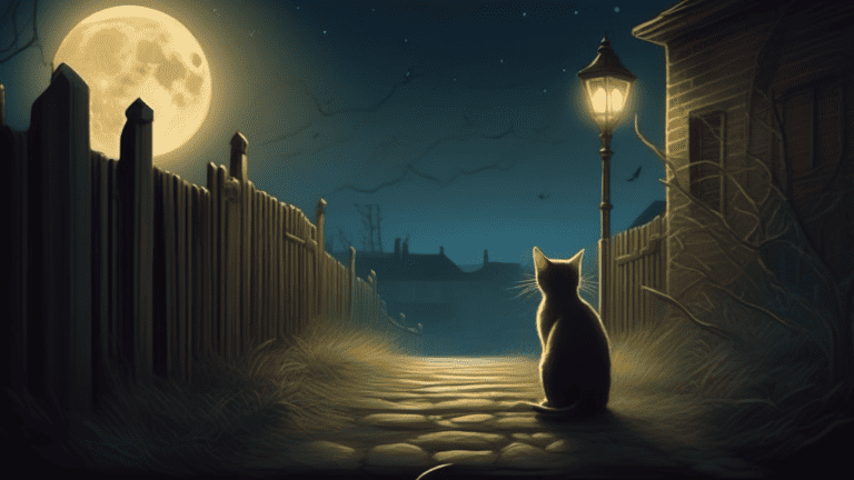 A cat looking at the moon in a dark street.