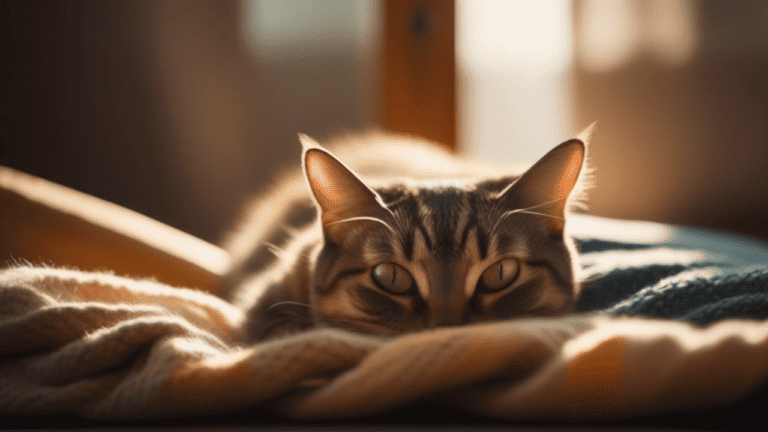 A tabby cat laying on a blanket in the sun.
