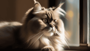 A long haired cat is sitting on a window sill.