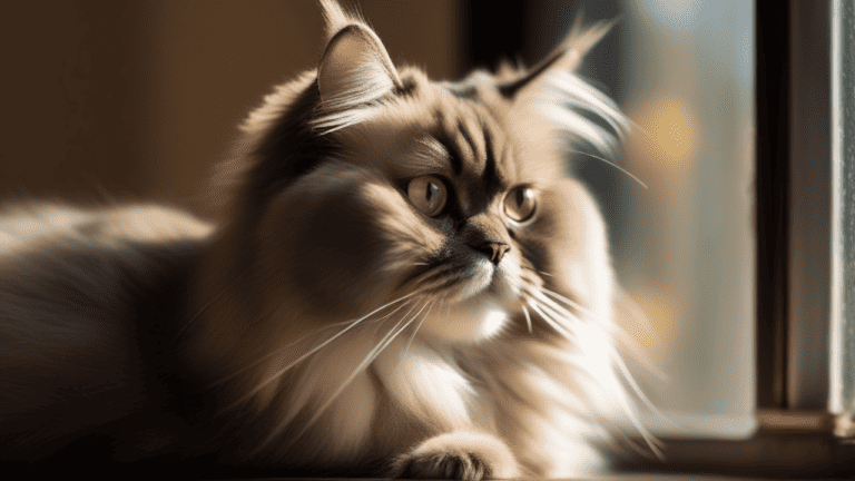 A long haired cat is sitting on a window sill.