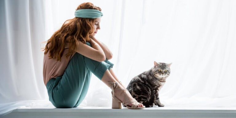 A woman sitting on a window sill with a cat.