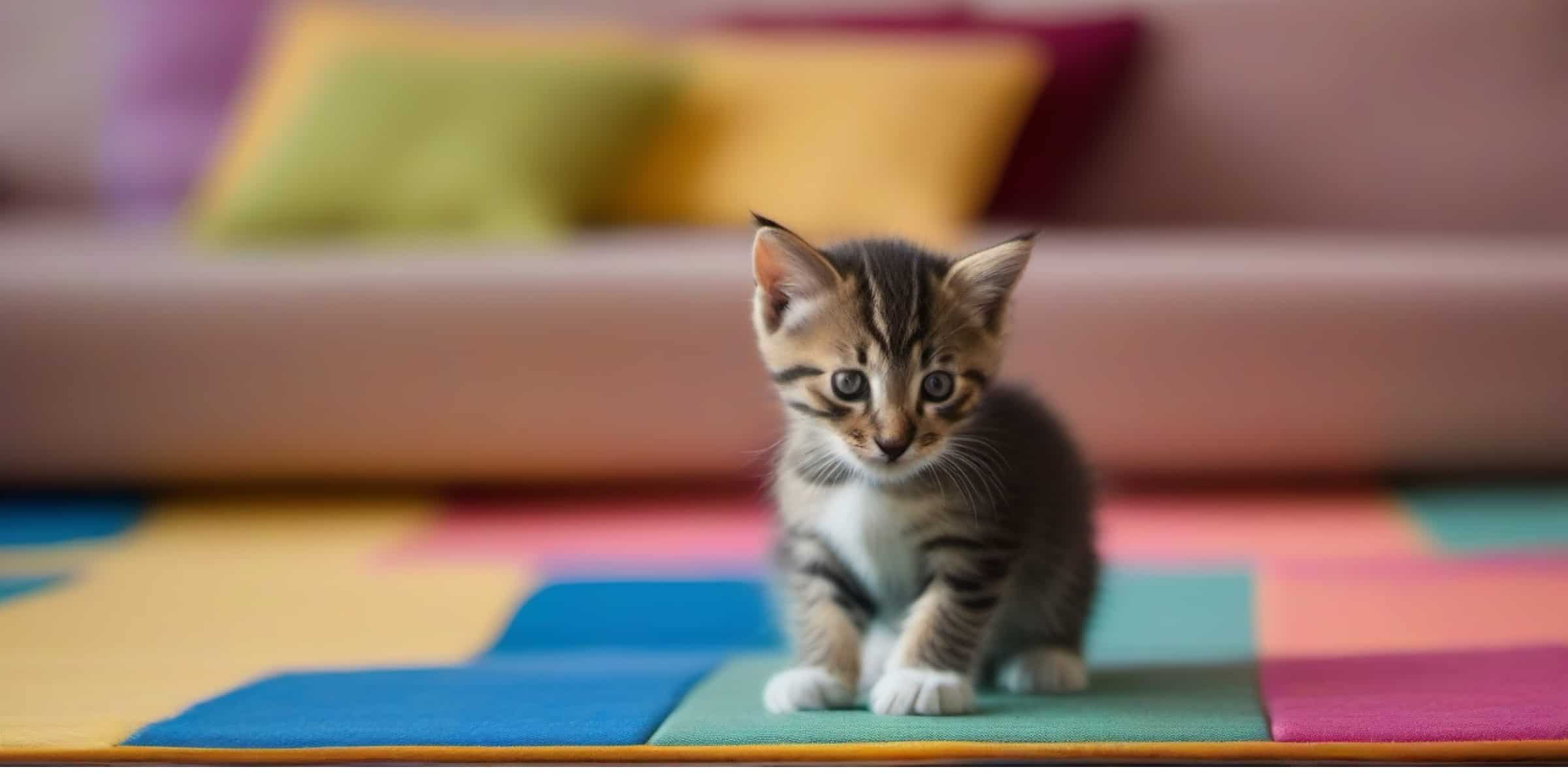 A kitten standing on a colorful mat in a living room.
