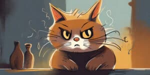 A drawing of a cat with a bottle in front of it.