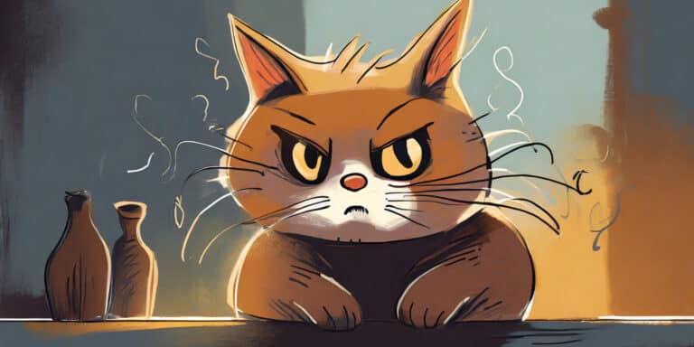 A drawing of a cat with a bottle in front of it.