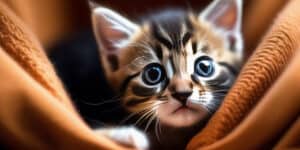 A kitten peeking out of a blanket.
