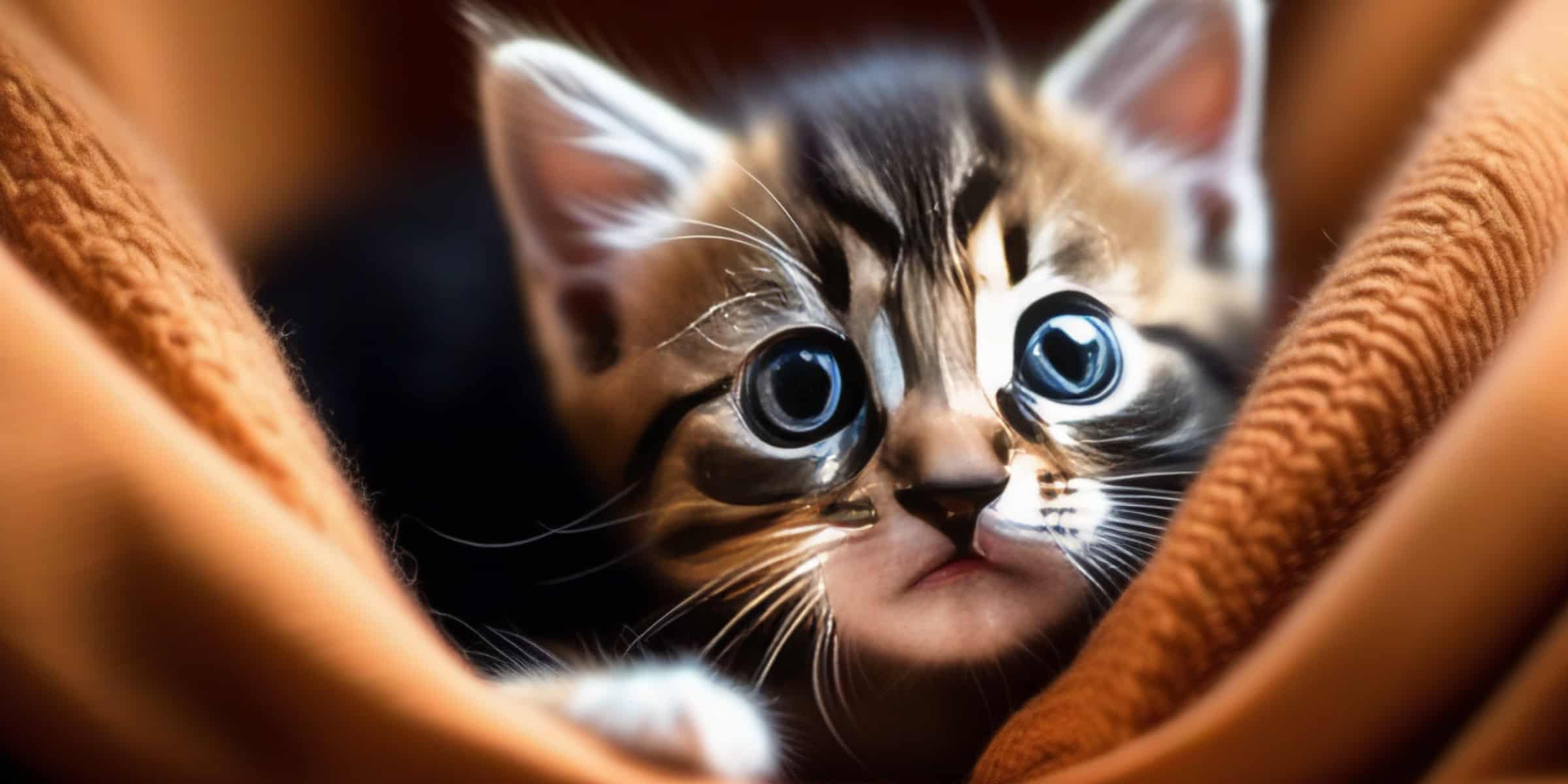 A kitten peeking out of a blanket.