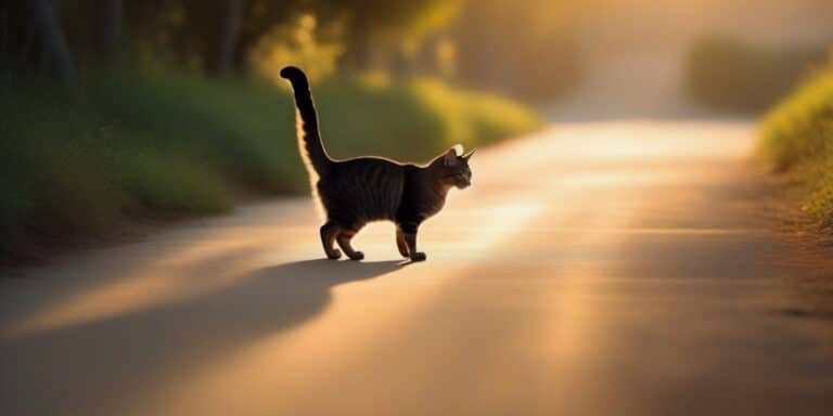 A cat walking down a road at sunset.