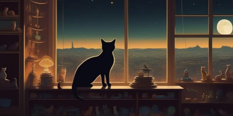 A cat is sitting in front of a window looking at the moon.