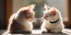 Two cats looking at each other in front of a window.