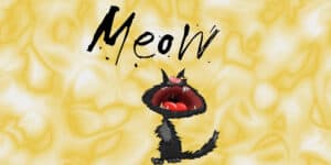 A black cat with the word meow on it.