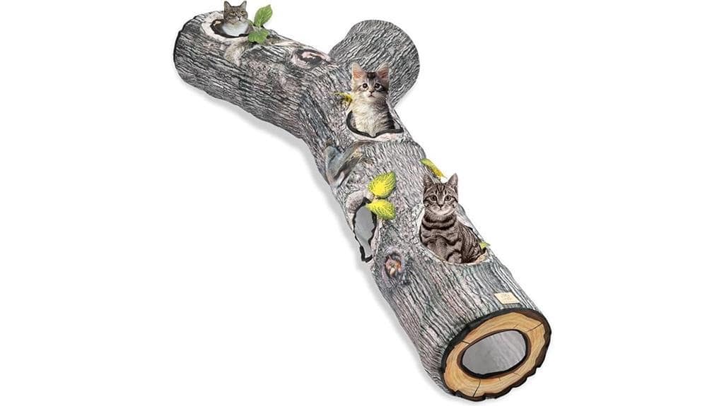 A toy made of a tree trunk with a cat in it.