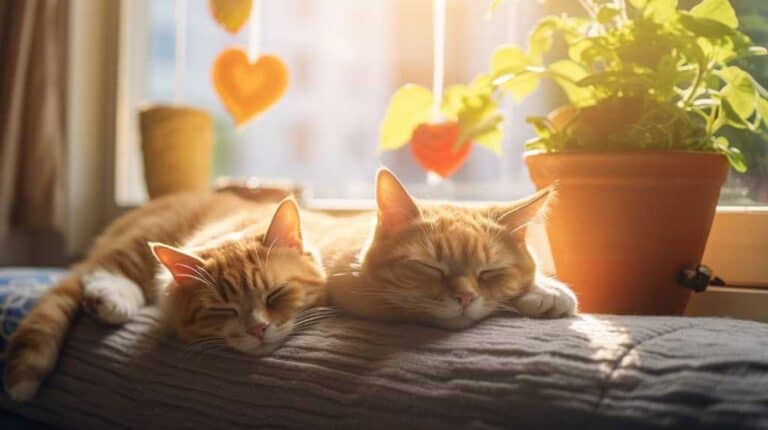 Two orange cats sleeping on a window sill.