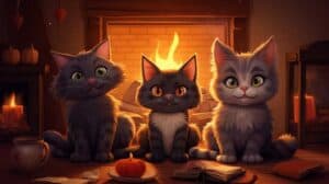 Three cats sitting in front of a fireplace.