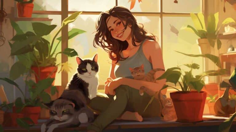 A girl sits on a window sill with two cats.