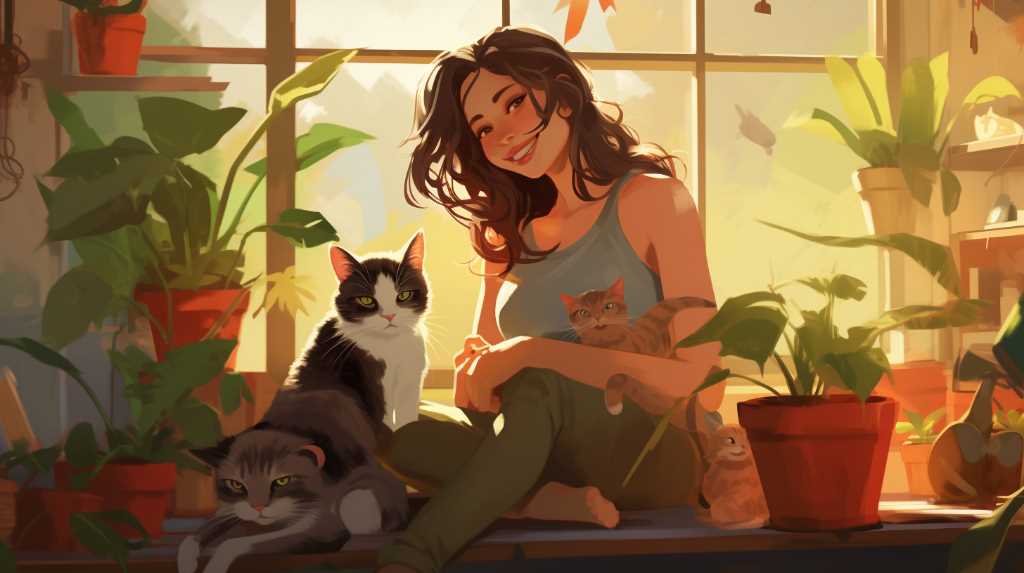 A girl sits on a window sill with two cats.