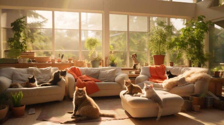 A group of cats sitting on couches in a living room.
