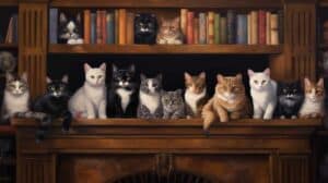 A painting of a group of cats sitting in front of a fireplace.