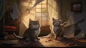 Two cats standing in front of a broken window.