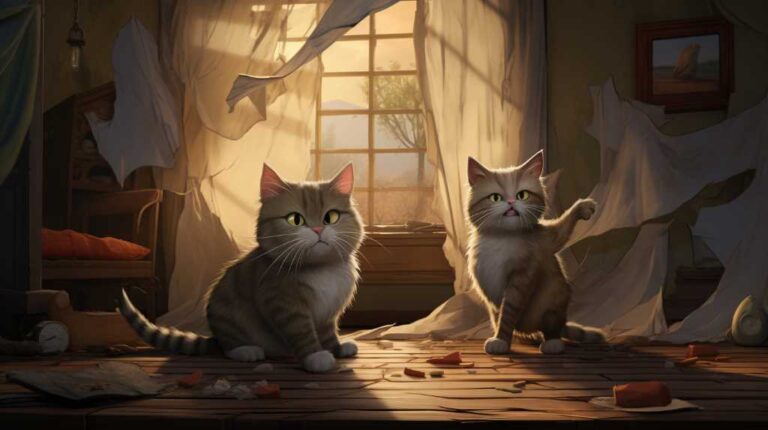 Two cats standing in front of a broken window.