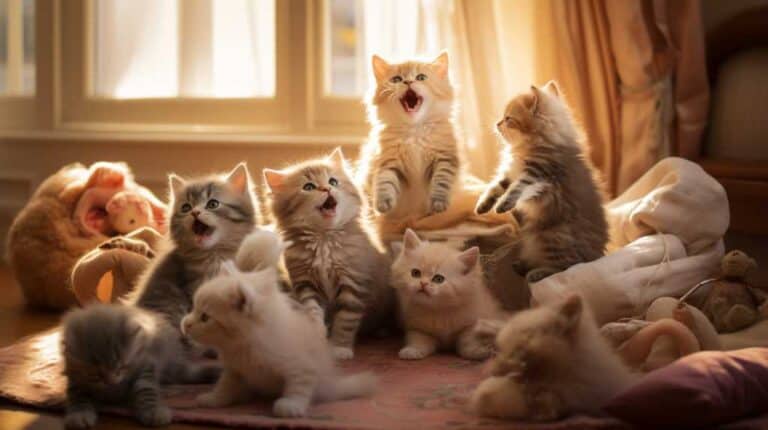 A group of kittens are sitting on a rug in front of a window.