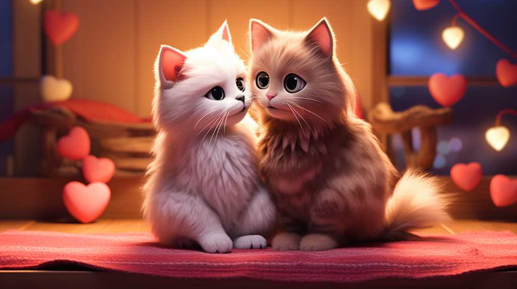 Two kittens sitting on a bed with hearts in the background.