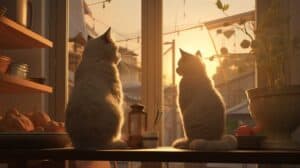 Two cats looking out of a window.