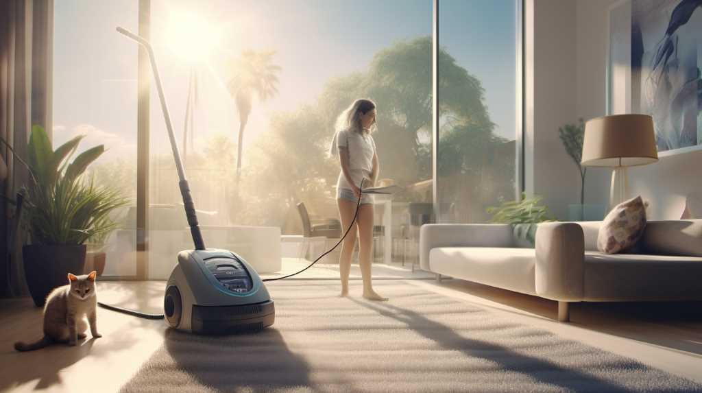 A woman is standing in a living room with a vacuum cleaner.