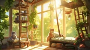 Two cats sitting in a room with a window.