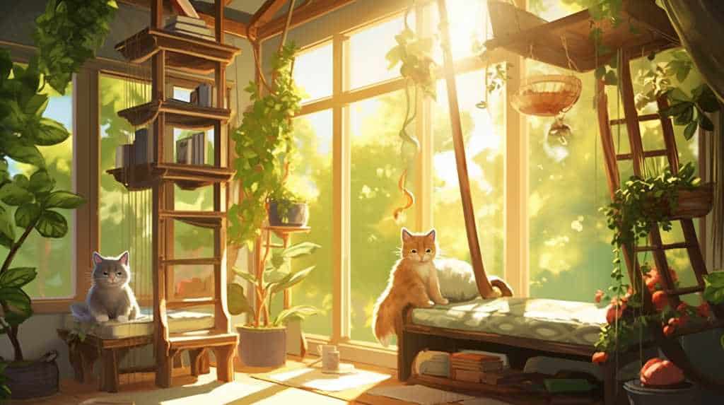 Two cats sitting in a room with a window.