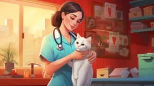 A woman is holding a cat in front of a stethoscope.