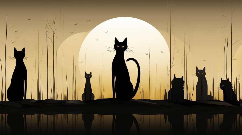 A group of black cats standing in front of a lake.