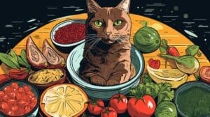 An illustration of a cat sitting in a bowl of vegetables.