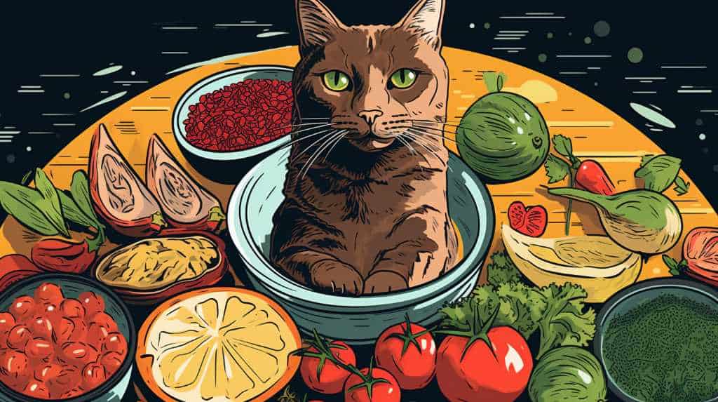 An illustration of a cat sitting in a bowl of vegetables.