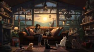 A woman is sitting on a couch with cats around her.