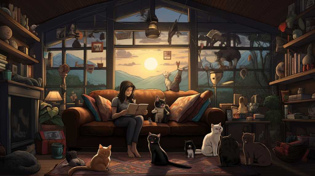 A woman is sitting on a couch with cats around her.