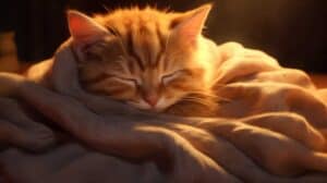 An orange tabby cat sleeping in a blanket.