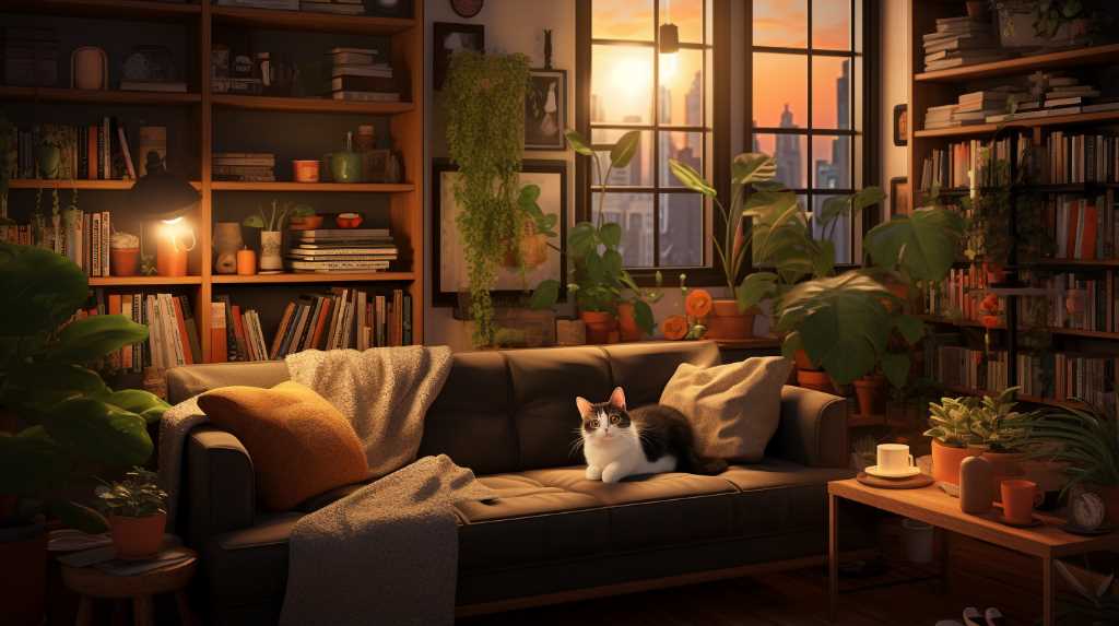 A cat is sitting on a couch in a room with bookshelves.